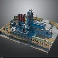 Industrial Factory Complex Layout Featuring Tall Tower Red Silos Blue Buildings And Equipment
