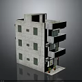 Three Story Gray Brick Building With Green Windows Balconies And Flower Pots