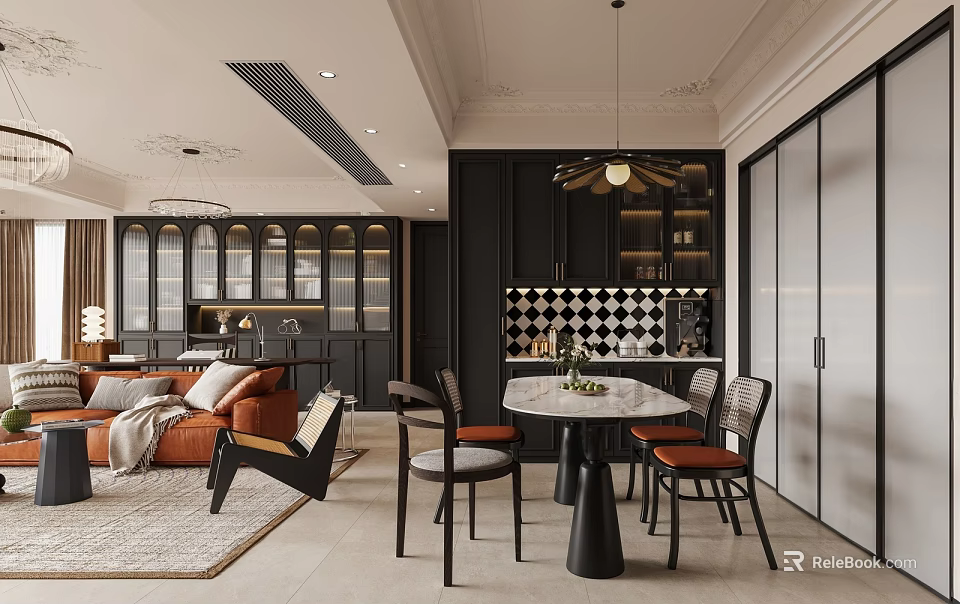 Modern Dining Living Room Interior Design With Round Table Sofa And Pendant Light 3d model 