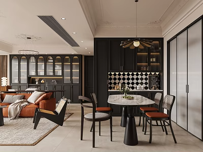 Modern Dining Living Room Interior Design With Round Table Sofa And Pendant Light 3d model