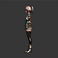 3D Fantasy Character With Pink Hair Green Skirt Brown Arm Guards Tool Belt And Boots