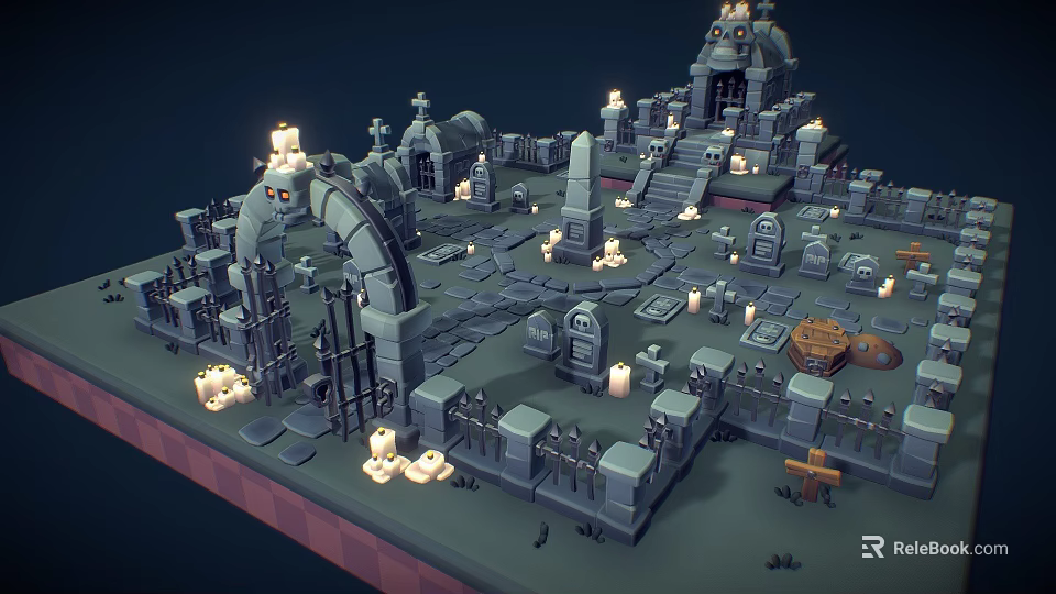 3D Graveyard Scene Featuring Tombstones Arches Lit Candles Fences And Coffin 3d model