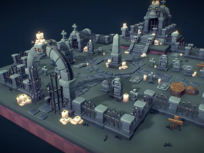 3D Graveyard Scene Featuring Tombstones Arches Lit Candles Fences And Coffin 3d model