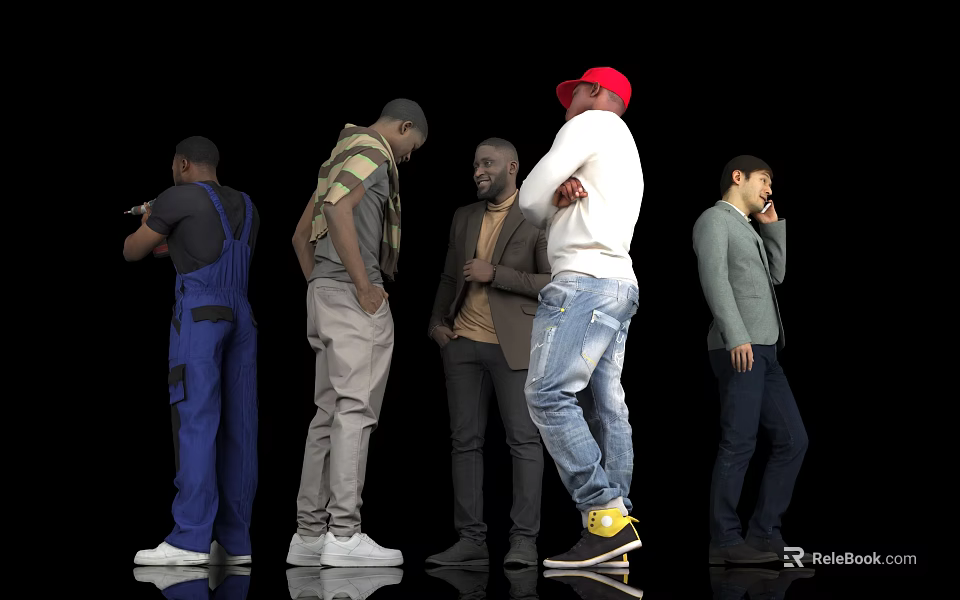 Five Men in Various Outfits Standing with Different Poses Against Black Background 3d model 