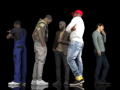 Five Men in Various Outfits Standing with Different Poses Against Black Background 3d model