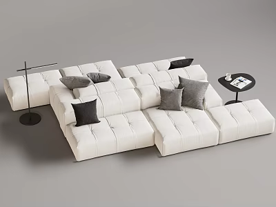 White Modular Sectional Sofa With Gray Black Pillows Floor Lamp And Round Side Table 3d model