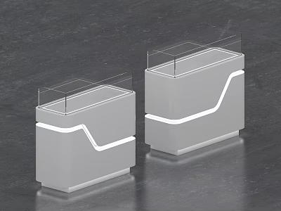 Two Modern Gray Display Pedestals With Glass Covers And White Line Design 3d model