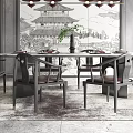 Traditional Chinese Restaurant Interior With Wooden Dining Table Chairs Decorative Painting And Pendant Lights