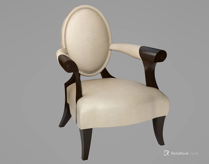 Elegant Beige Upholstered Accent Chair With Curved Armrests And Dark Wooden Legs 3d model 
