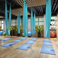 Yoga Studio Interior Featuring Blue Hammocks Yoga Mats Colorful Exercise Balls Wooden Floors And Plants