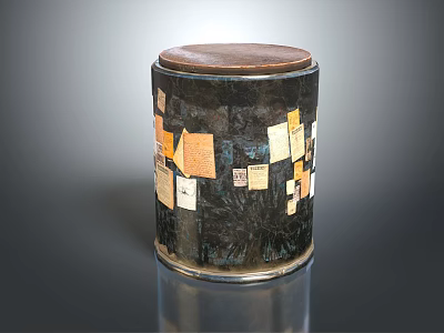 Decorative Cylindrical Container With Dark Surface Brown Lid And Various Paper Stickers 3d model
