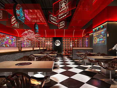 Hotpot Restaurant Interior With Red Decor Neon Signs And Wooden Dining Tables 3d model