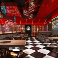 Hotpot Restaurant Interior With Red Decor Neon Signs And Wooden Dining Tables