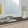 Decorative Ornament Combination With Open Book Closed Book And White Cactus Pot On Wooden Windowsill