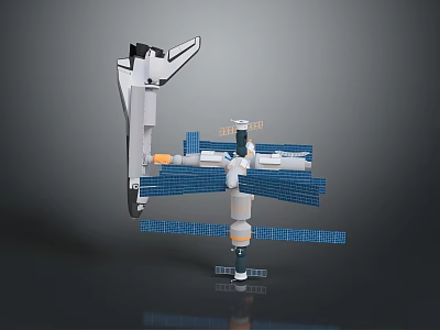 Space Mission Equipment Showcasing Space Shuttle Docked With Modular Space Station And Solar Panels 3d model
