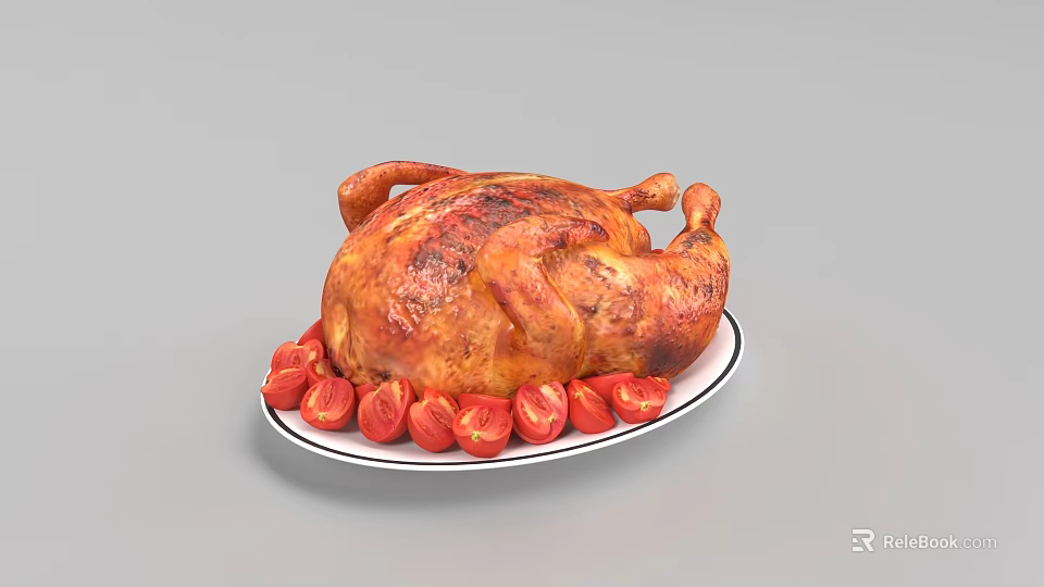 Juicy Roasted Chicken Served on White Plate with Fresh Red Tomatoes 3d model 
