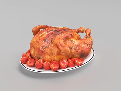 Juicy Roasted Chicken Served on White Plate with Fresh Red Tomatoes 3d model