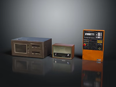 Vintage Electronic Appliances Collection With Drawers Classic Display And Control Panel on Reflective Surface 3d model
