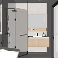 Modern Bathroom Interior Design With Glass Shower Partition Wooden Vanity And Mirror Lighting