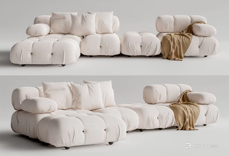 Modern Cream Sectional Sofa With Soft Cushions And Throw Blanket For Living Room Interior 3d model 