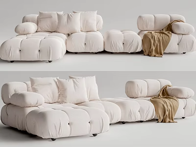 Modern Cream Sectional Sofa With Soft Cushions And Throw Blanket For Living Room Interior 3d model