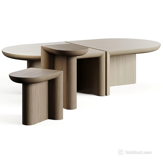Modern Wooden Coffee Table With Layered Geometric Design And Matching Accent Stools In Minimalist Style 3d model 
