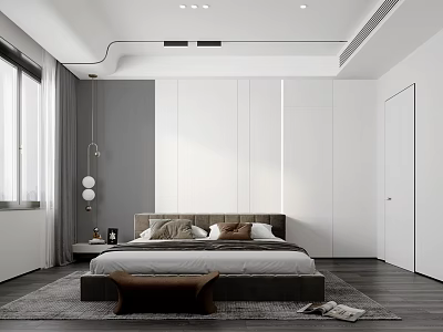 Modern Bedroom Interior With White Walls Dark Wooden Floors Bed Nightstand And Pendant Light 3d model