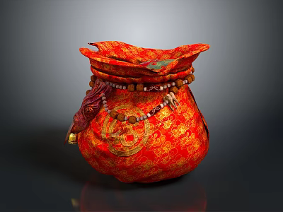 Traditional Red And Gold Patterned Living Accessory Pouch With Beaded Trim And Ornamental Tassel 3d model