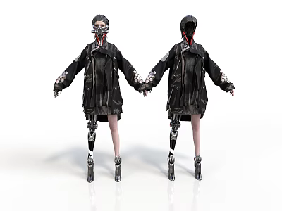 Two Cybernetic Characters In Black Leather Coats With Mechanical Limbs Holding Hands 3d model