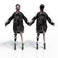 Two Cybernetic Characters In Black Leather Coats With Mechanical Limbs Holding Hands