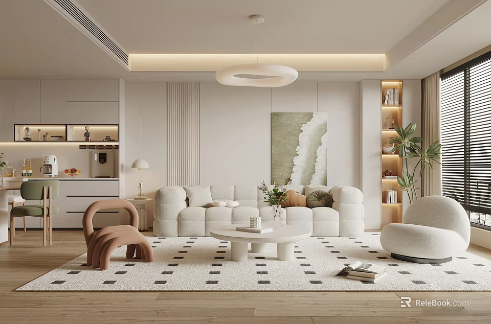Modern Living Room Interior With White Sofa Round Coffee Table Geometric Rug And Decorative Painting 3d model 