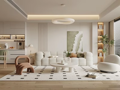 Modern Living Room Interior With White Sofa Round Coffee Table Geometric Rug And Decorative Painting 3d model