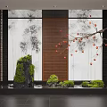 Oriental Indoor Landscape Design With Bamboo Red Fruit Branches Rockery And Greenery