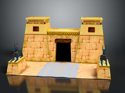 Cartoon Egyptian Themed Scene with Stone Brick Towers Gateway and Blue Statues on Carpet 3d model