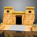 Cartoon Egyptian Themed Scene with Stone Brick Towers Gateway and Blue Statues on Carpet