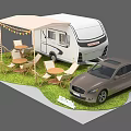 Camping Caravan Setup With Car Outdoor Tables Chairs Awning And Wave Signboards On Grass