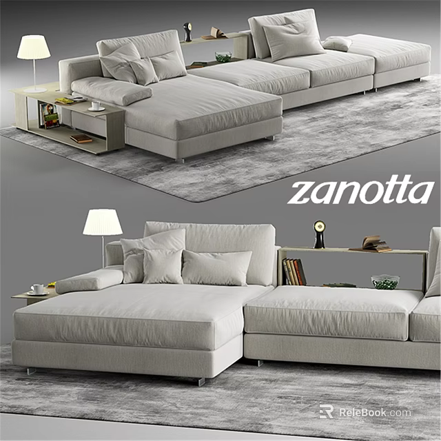 Modern Zanotta Double Sofa With Light Gray Upholstery Side Table And Table Lamp 3d model 