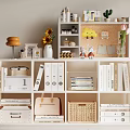 Organizational Storage Cabinet Shelf with Folders Books Handbag Woven Basket and Decorative Items