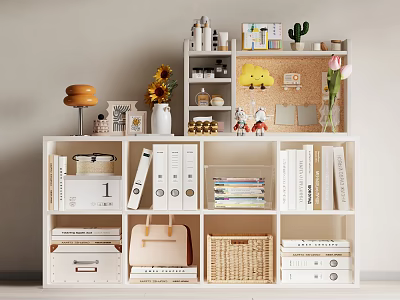 Organizational Storage Cabinet Shelf with Folders Books Handbag Woven Basket and Decorative Items 3d model