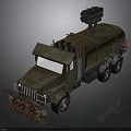 Olive Green Military Truck With Front Plow Roof Mounted Cannon And Tank Body