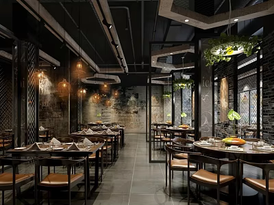 Modern Chinese Restaurant Interior With Brick Walls Wooden Tables And Green Plants 3d model