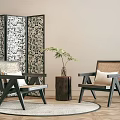 Rattan Casual Chair Screen Log Corner Low Stool 3d model