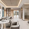 Modern Hotel Lobby Interior With Marble Reception Desk Wooden Shelves And Green Plants