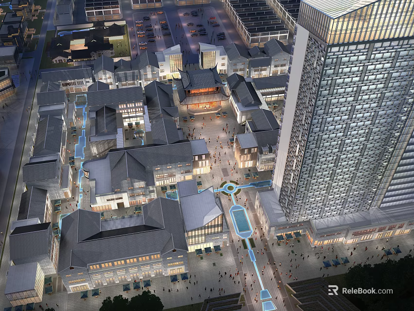 Traditional And Modern Architecture Commercial Street With Plaza Water Features Pedestrian Area And High Rise 3d model 