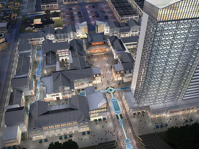 Traditional And Modern Architecture Commercial Street With Plaza Water Features Pedestrian Area And High Rise 3d model