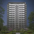 Modern High Rise Residential Building with Balconies Surrounded by Trees at Dusk