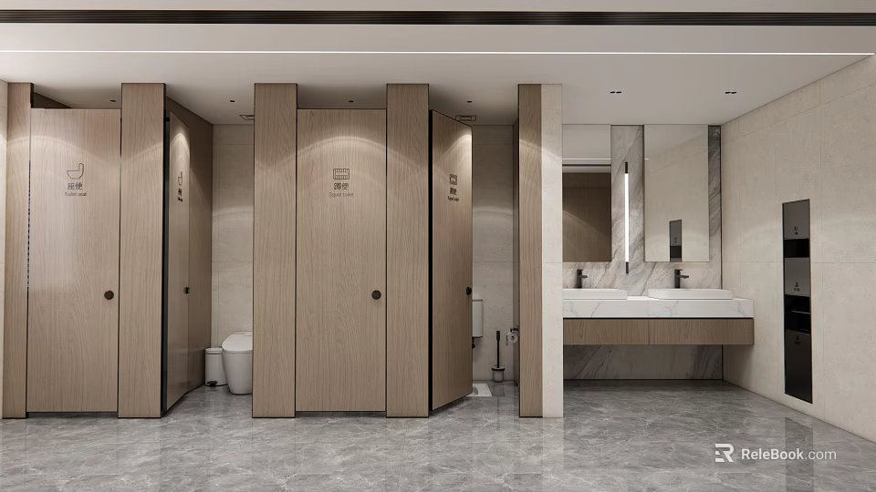 Modern Public Restroom Interior With Wooden Stalls Marble Countertop Sink And Mirror 3d model 