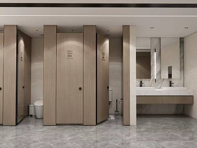 Modern Public Restroom Interior With Wooden Stalls Marble Countertop Sink And Mirror 3d model