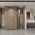 Modern Public Restroom Interior With Wooden Stalls Marble Countertop Sink And Mirror