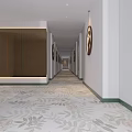 Elegant Modern Hotel Corridor Interior With Circular Decorative Paintings Leaf Pattern Carpet And Wall Mirrors 3d model